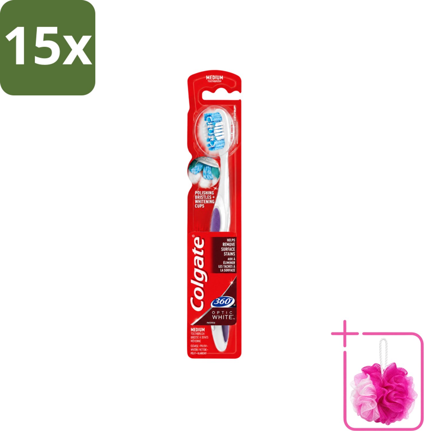 15 x Colgate - Tandenborstel - 360 Optic White Medium- Wit - 1 Tandenborstel - Bulkverpakking - Tandenborstel - Douchemop - Tanden reinigen