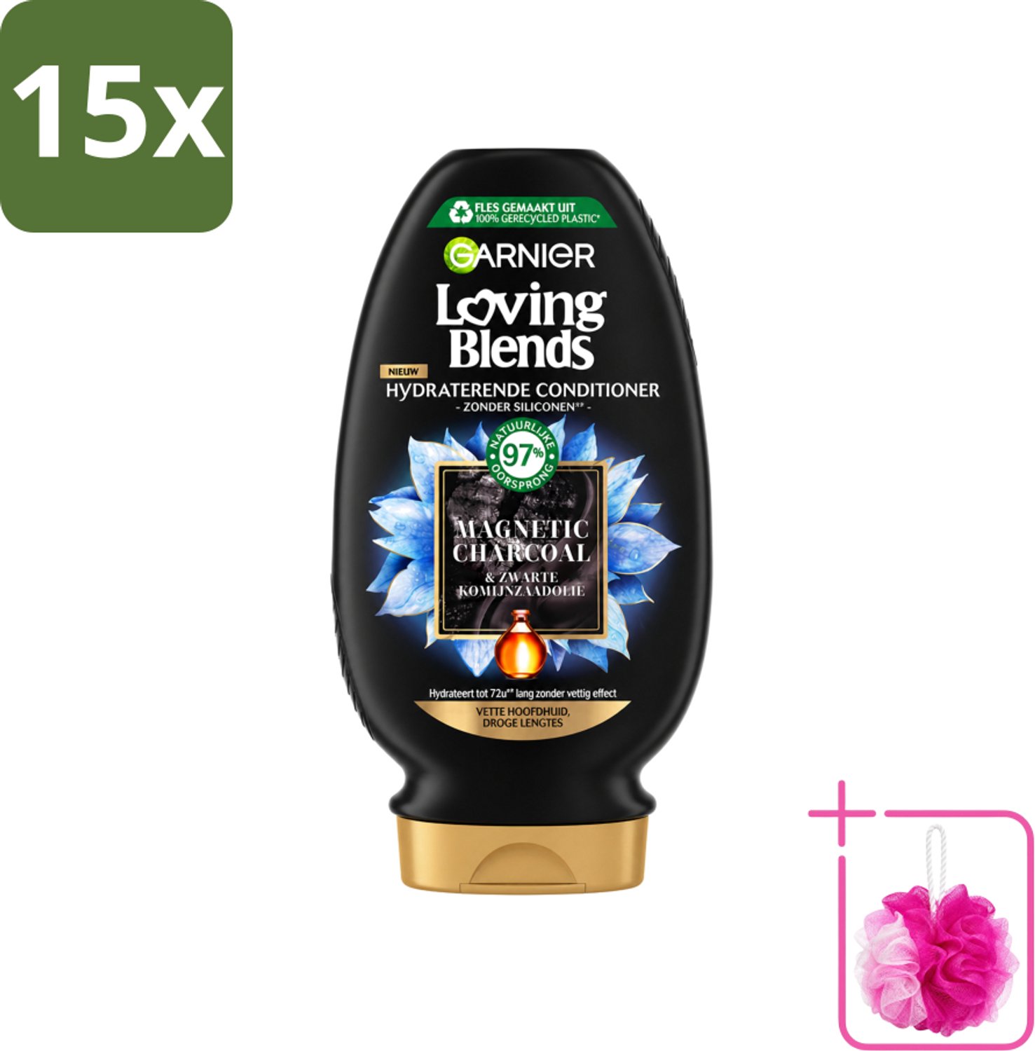 15 x Garnier - Loving Blends - Conditioner - Magnetic Charcoal - Vette Hoofdhuid & Droge Lengtes - 250 ml - Bulkverpakking - Haarverzorging - Douchemop - Vet hoofd