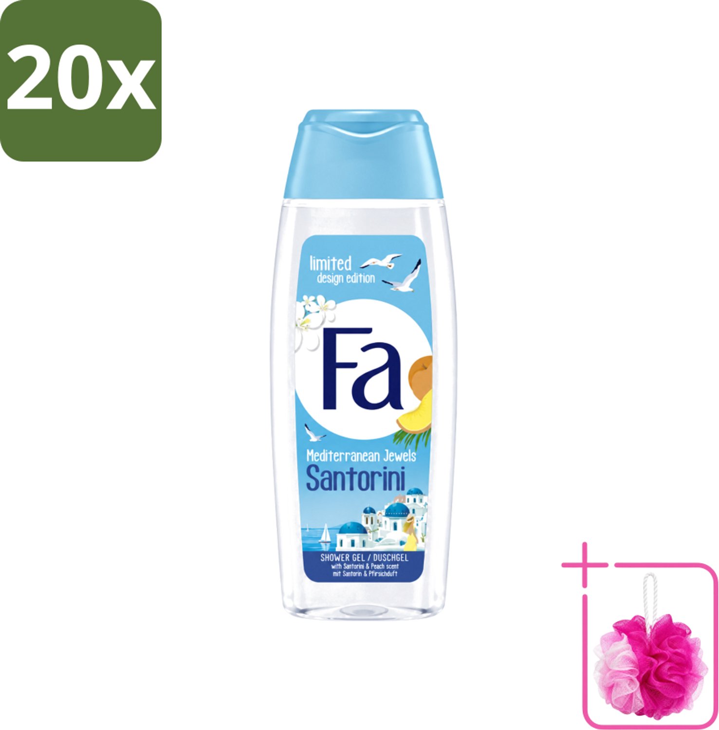 20 x Fa - Douchegel - Mediterranean Jewels Santorini - Verfrissend & Hydraterend - Verzachtend - 250 ml - Bulkverpakking - Douchegel santorini - Douchemop - Verfrissend douchegel