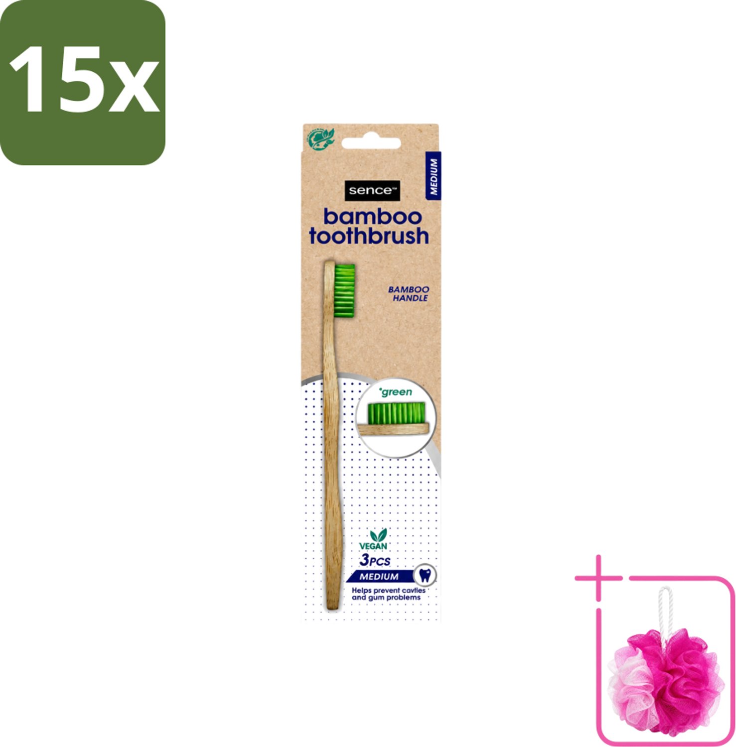 15 x Sence - Bamboo - Tandenborstels - Medium - Set van 3 - Groen - Bulkverpakking - Tandenborstel - Douchemop - Duurzaamheid