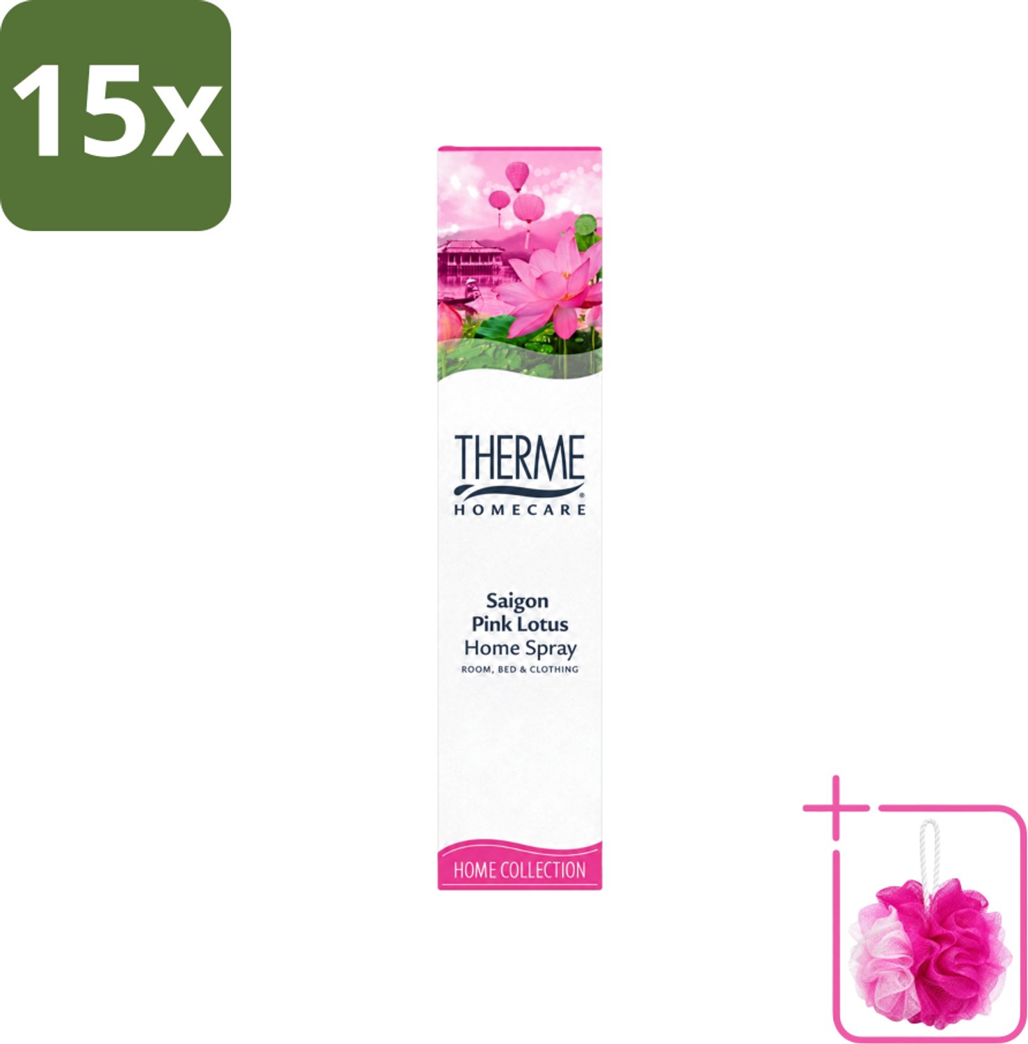 15 x Therme - Interieurspray - Saigon Pink Lotus - Oosterse Romantiek in Huis - 60 ml - Bulkverpakking - Interieurspray - Douchemop - Geur