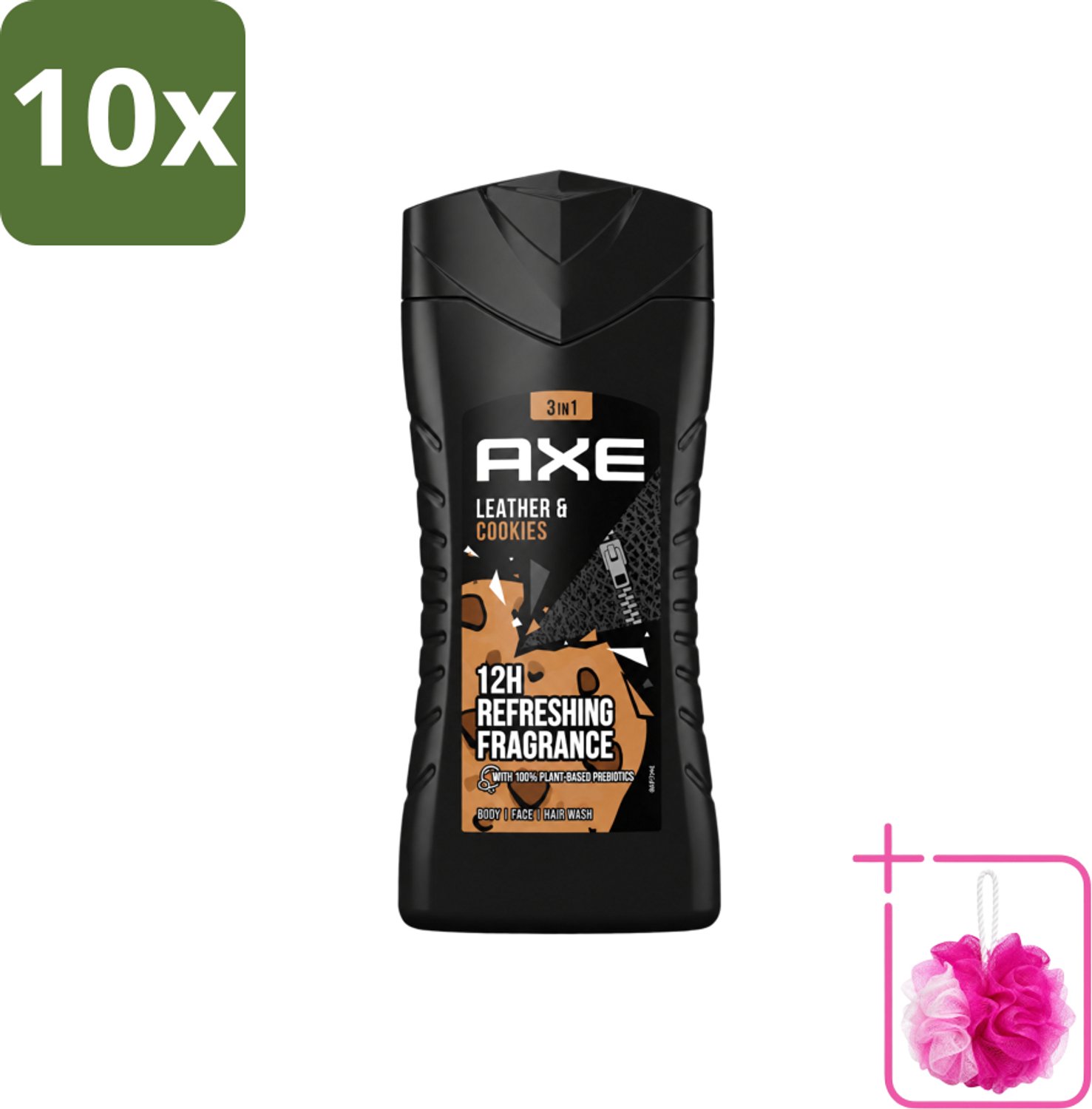 10 x Axe - 3-in-1 Douchegel - Leather & Cookies - 100% Plantaardig - 250 ml - Bulkverpakking - Douchegel - Douchemop - Geur