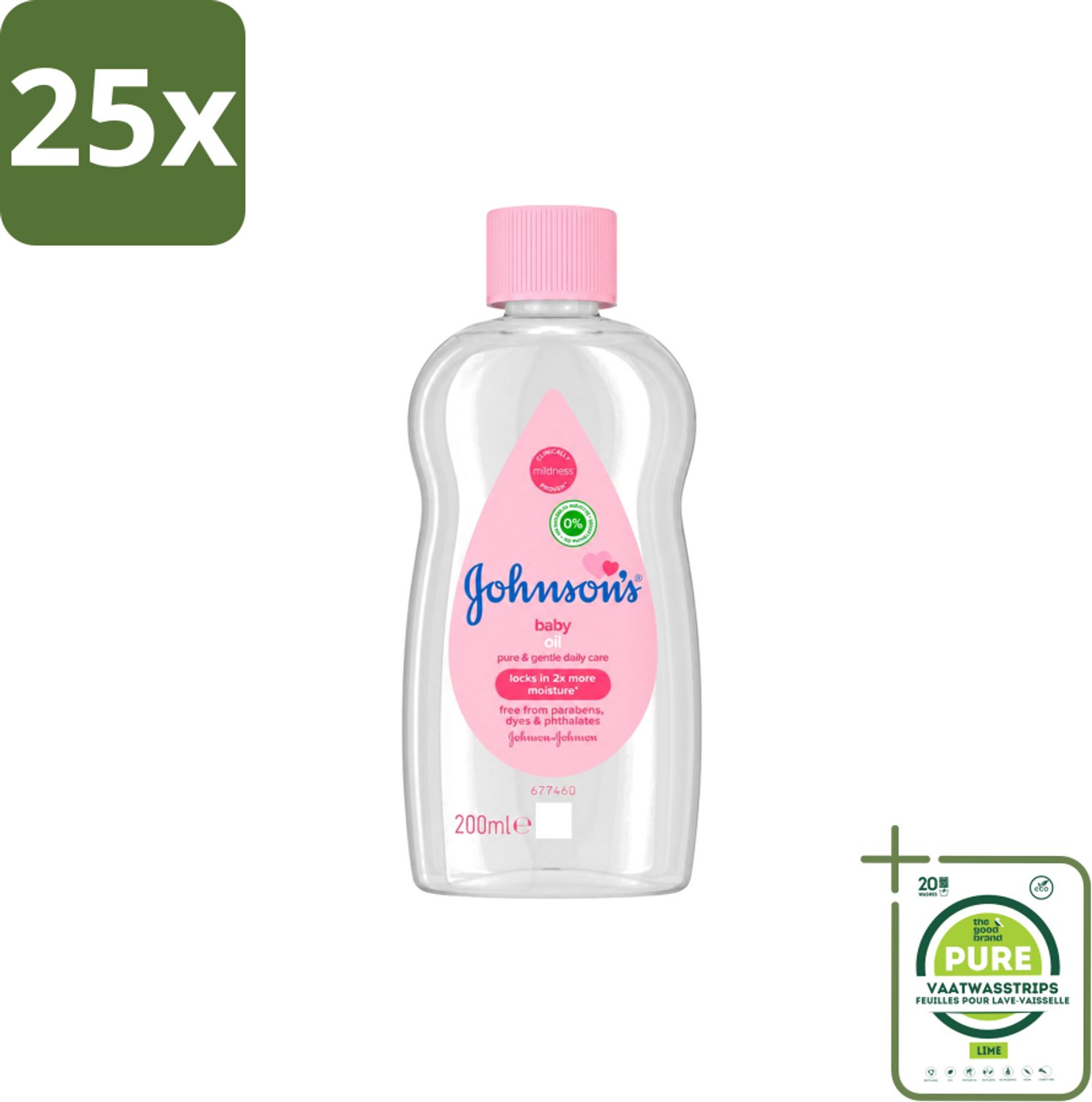 25 x Johnson's - Baby Olie - Puur & Zacht - 200 ml - Grootverpakking - Vaatwasstrips - Babyolie - Babyhuid Verzorging - Hydrateren - Zachte Huid - Baden