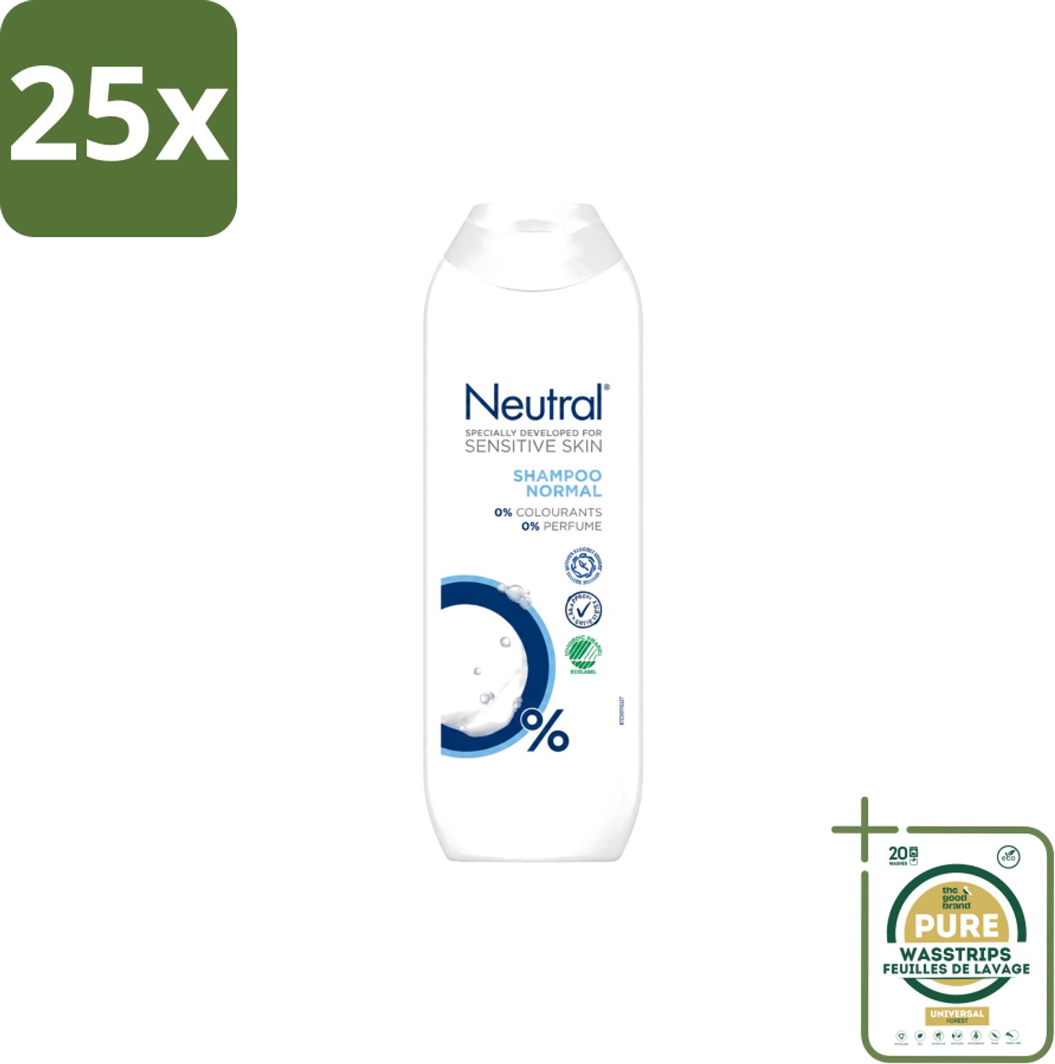 25 x Neutral – Shampoo – Normaal Haar – 250 ml - Wasstrips - Gevoelige Hoofdhuid - Normaal Haar - Milde Shampoo - 0% Parfum - 0% Kleurstoffen
