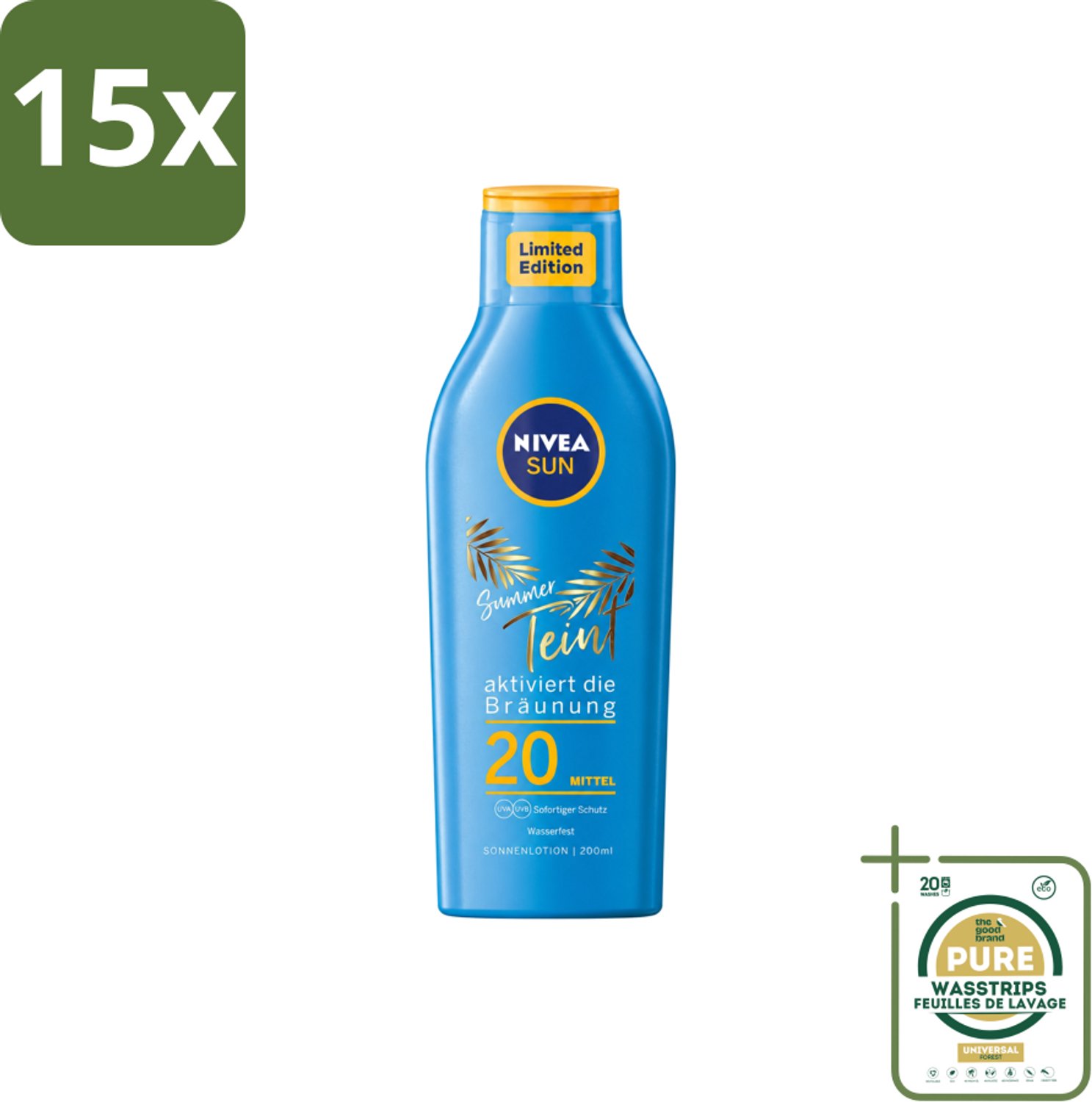 15 x Nivea Sun – Zonnemelk – Zomerteint SPF 20 – 200 ml - Wasstrips - Zonbescherming - Zomerteint - SPF 20 - Zonnemelk - UV Bescherming