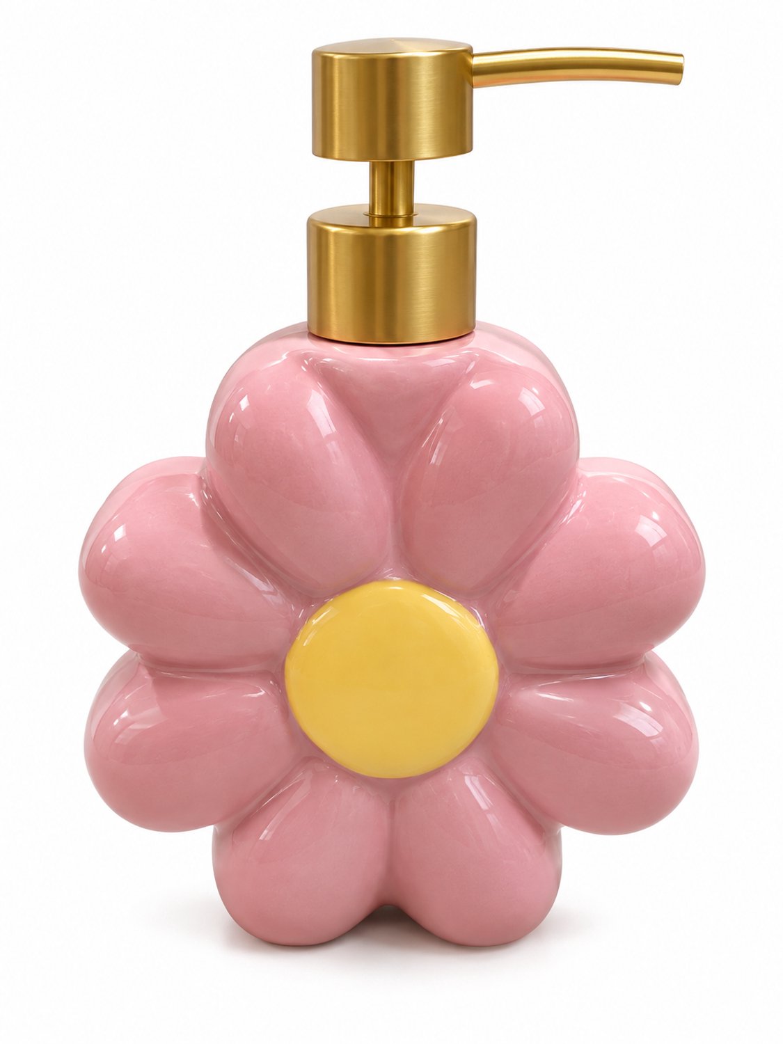 Bloem Zeepdispenser – Keramische Zeeppomp – Roze met Gouden Pomp – Handzeep Dispenser – Badkamer & Keuken