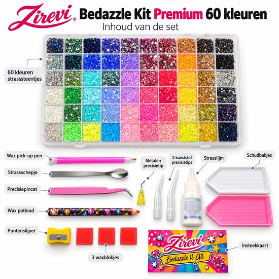 Zirevi Premium Bedazzle-set met 60 kleuren strass-steentjes, lijm, pincet, wax-pen en sorteerbakjes.