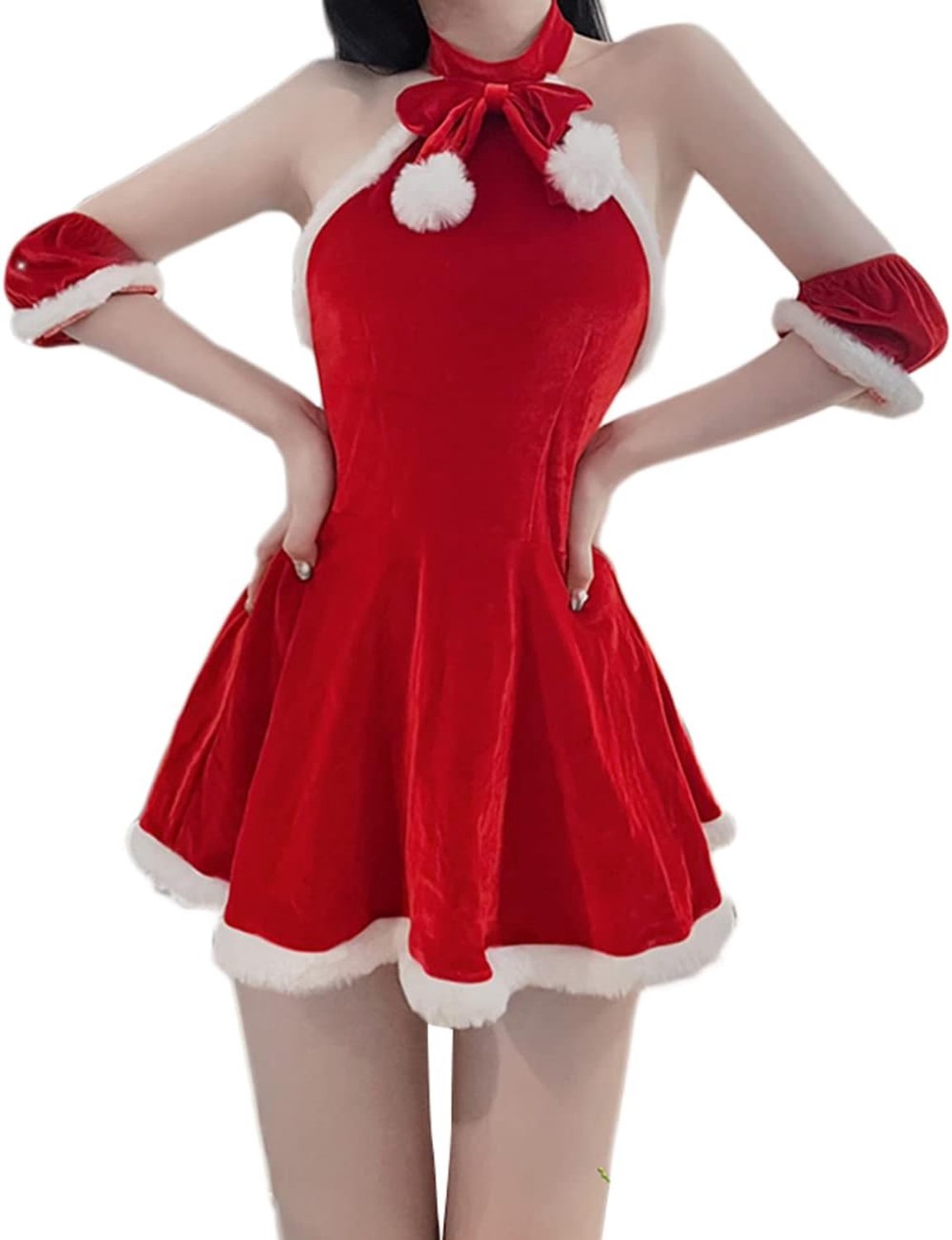 Mrs. Claus Kerstman Kostuum Volwassen Kostuums Rood Fluwelen Kerst Halter Backless Fancy Dress Lady Cosplay Outfit
