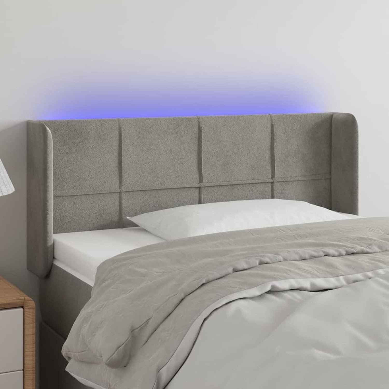 Hoofdbord lichtgrijs met led 93 x 16 x 78/88 cm van fluweel, hoofdeinde met oren, hoofdeinde van fluweel, blok met vierkanten