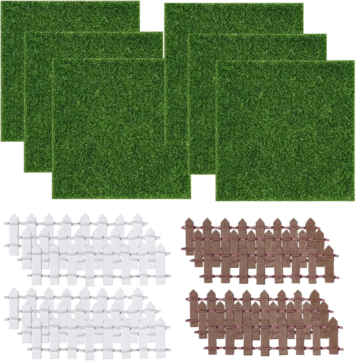 Miniatuurtuinset 6 stuks kunstgras 15 x 15 cm - 12 stuks houten hek 10 x 3 cm - ideaal voor miniatuurlandschappen - Vemera