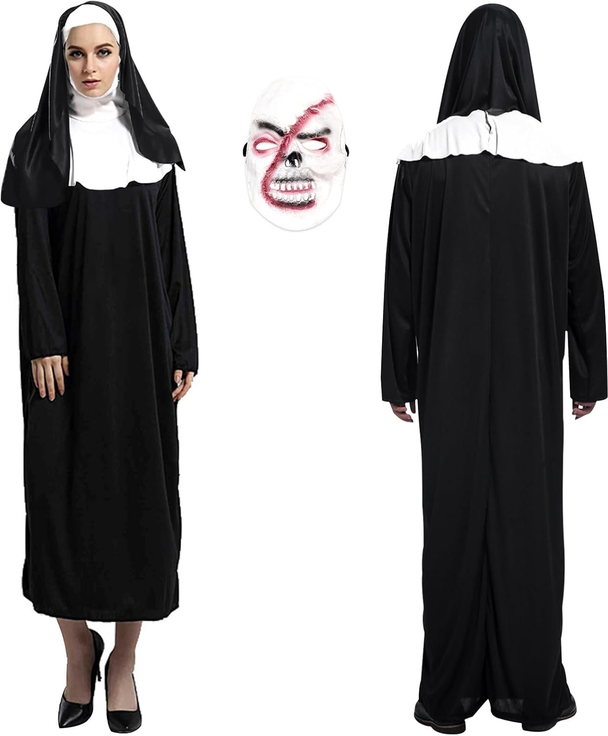 Horror-nonnenkostuum, enge non-outfit met The Nun horrormasker, Halloween-non-kostuum, horrorkostuum, non kostuum voor volwassenen, voor Halloween, cosplay