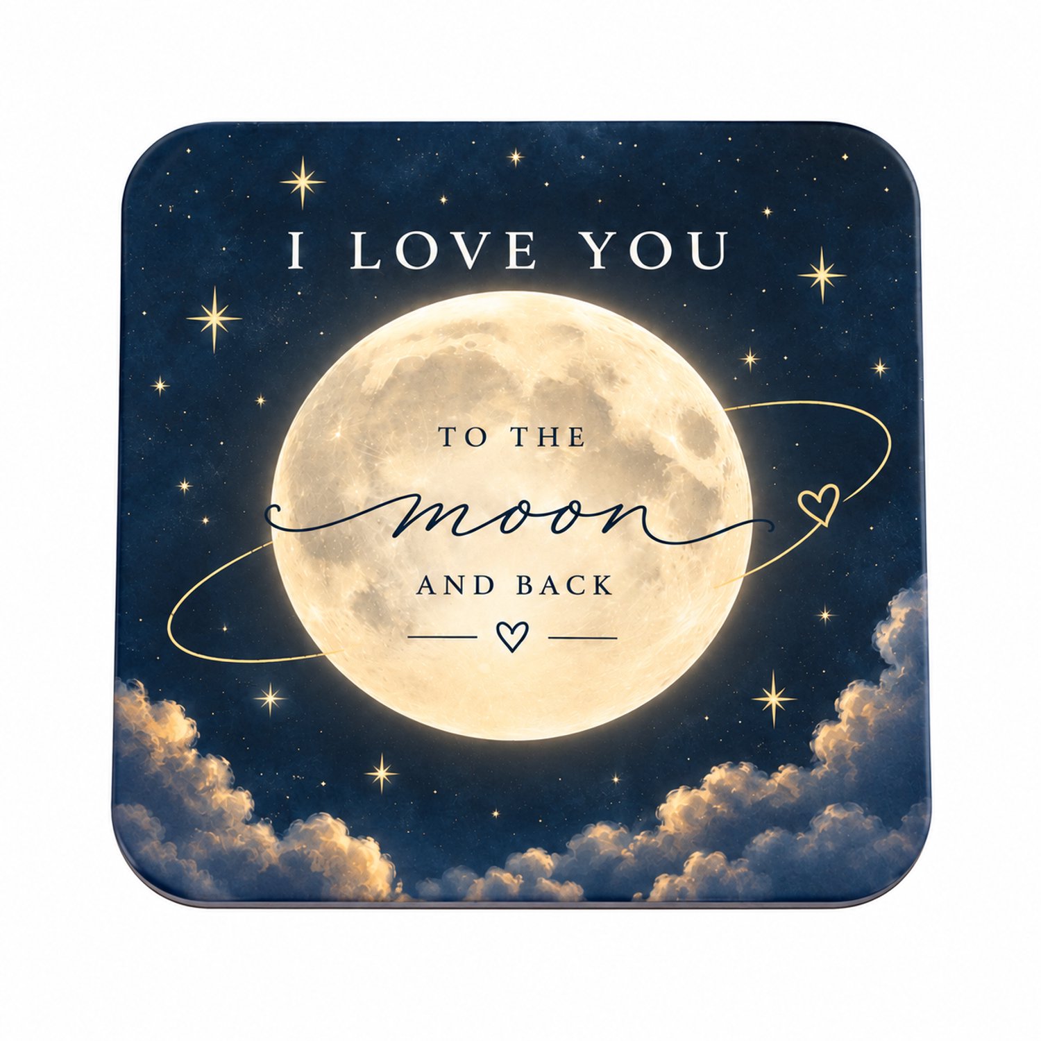 I Love You to the Moon and Back MDF onderzetter 10x10cm – donkerblauw met maan