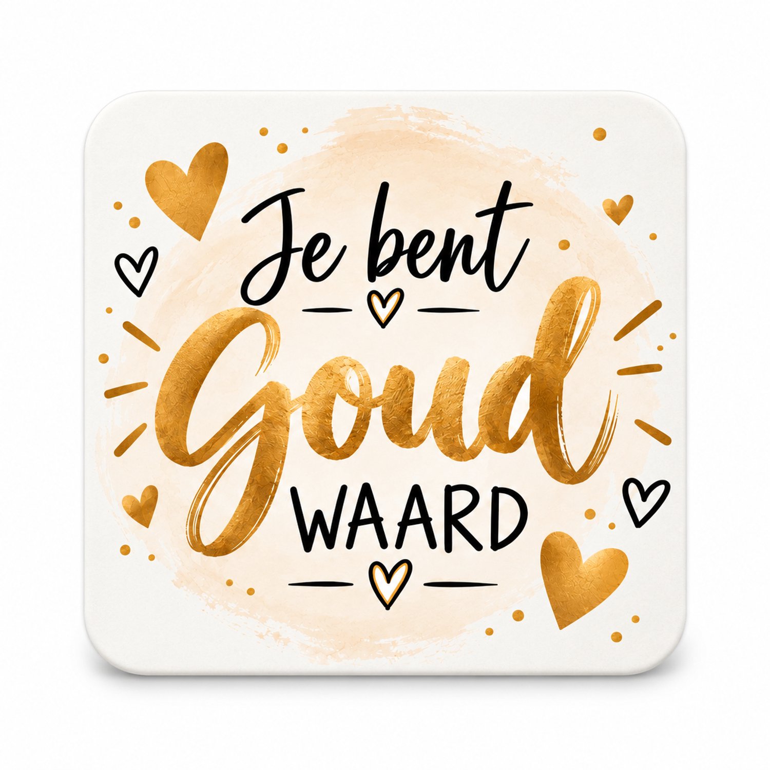 Je bent goud waard MDF onderzetter 10x10cm – wit met gouden hartjes