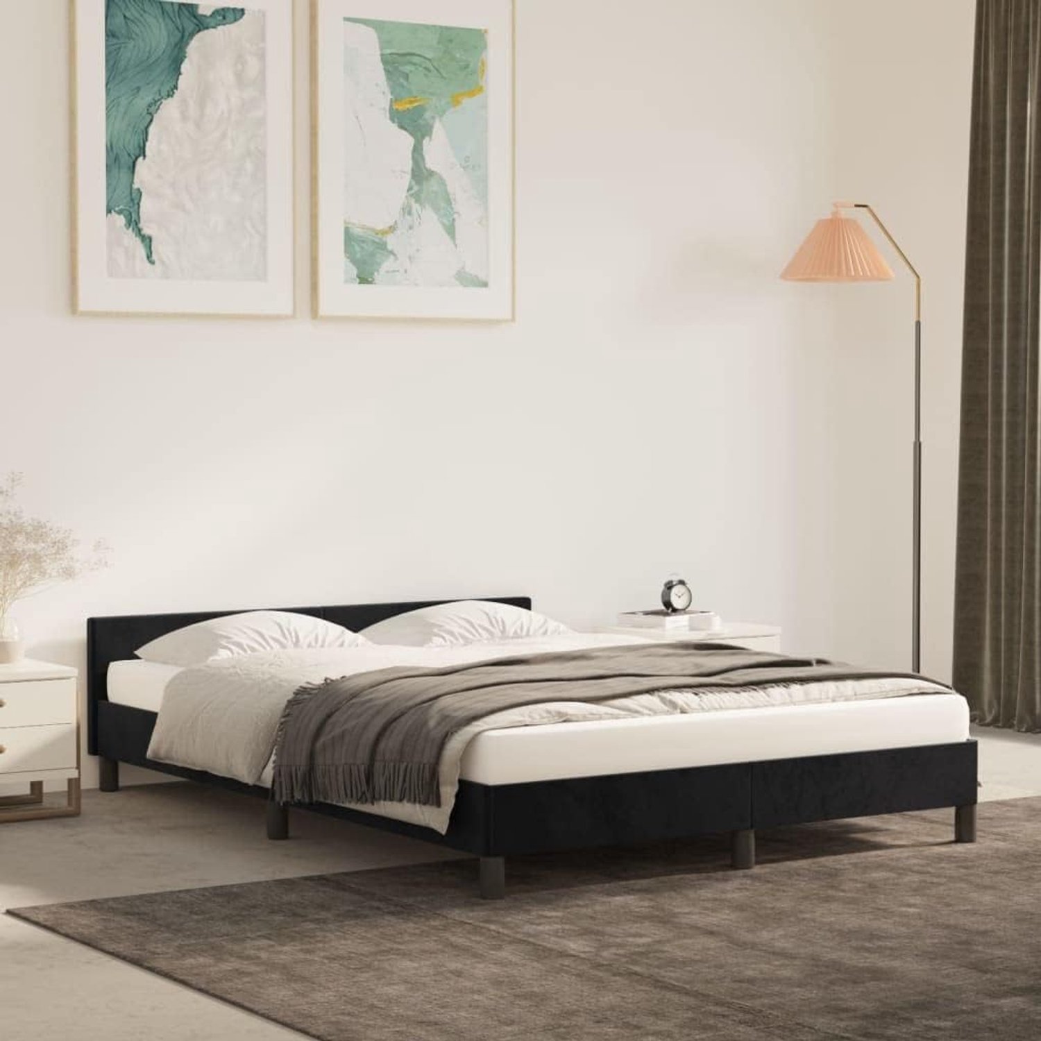 Bedframe met hoofdeinde, zwart, 140 x 190 cm, fluwelen familiebed, logeerkamer, hotelbedframe voor slaapkamer, hotel, logeerkamer