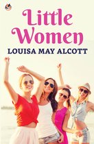 Boekomslag Little Women door Louisa May Alcott met vier glimlachende jonge vrouwen op het strand.