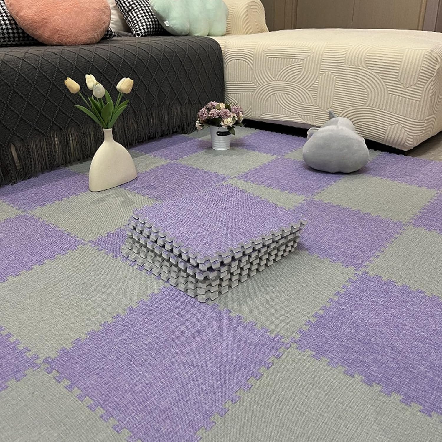 Puzzel Tapijttegels, In Elkaar Grijpende Puzzel Vloermat Tegels, Speelmat Voor Woonkamer, 30X30 Cm (Paars + Lichtgrijs 0,39 Inch)