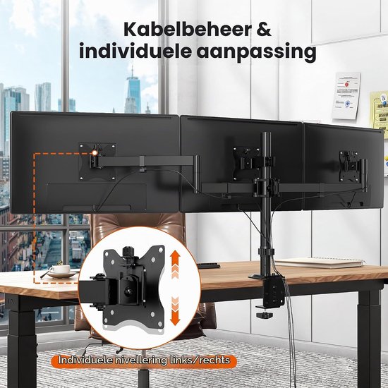 Ergonomische Monitorsteun voor 3 Schermen van 13-27 Inch, VESA 75/100, Verstelbare Hoogte, Geschikt voor Thuiswerk en Gaming, Robuuste Klemhouder met 10 kg Draagvermogen per Scherm — afbeelding 4