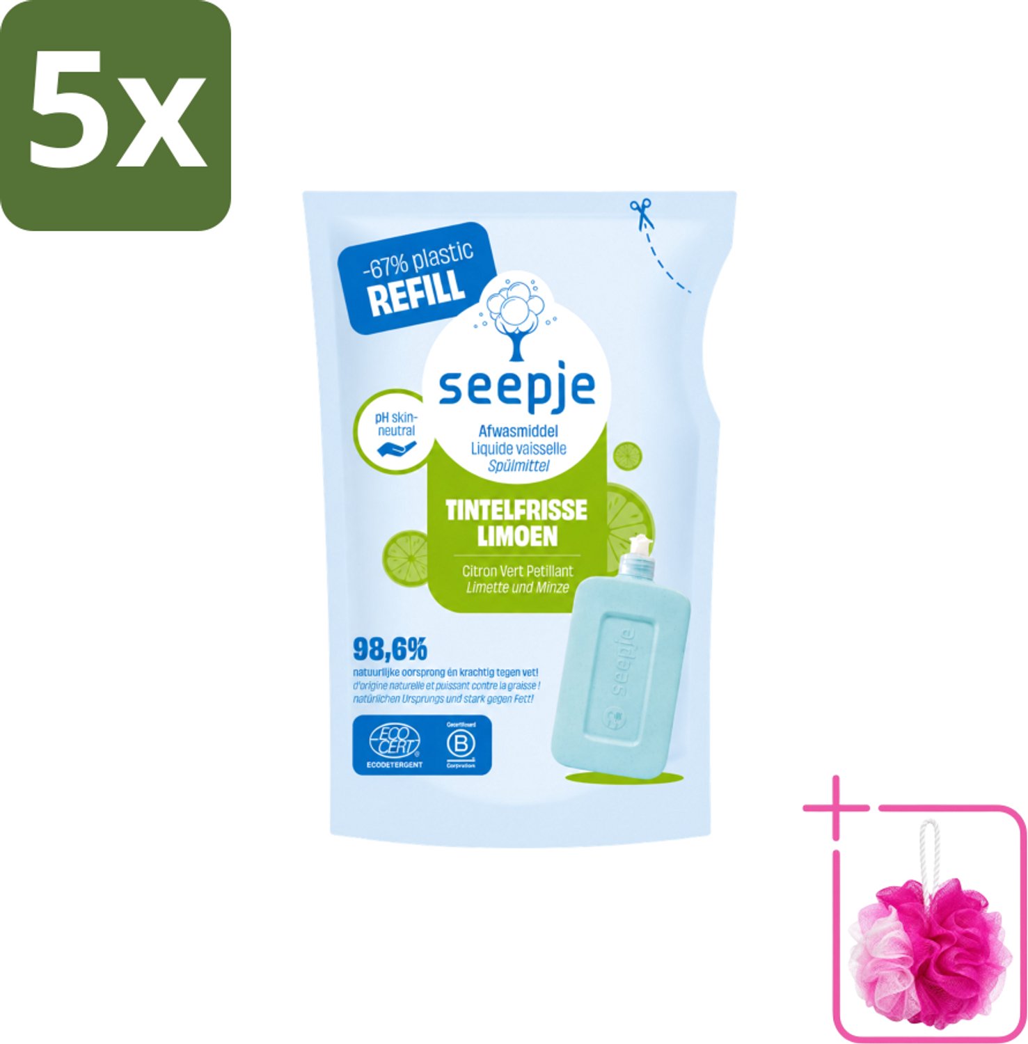 5 x Seepje - Afwasmiddel - Duurzaam & Herbruikbaar - Re-fill - Tintelfrisse Limoen Geur - 500 ml - Bulkverpakking - Afwasmiddel - Douchemop - Afwasmiddel refill