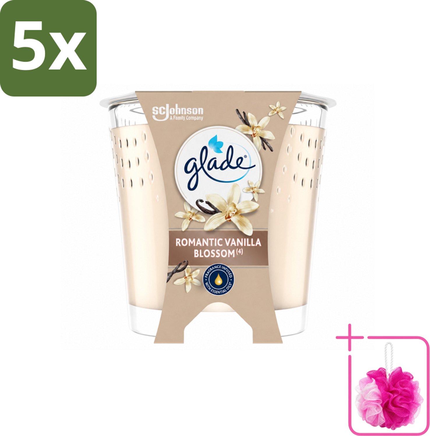 5 x Glade - Geurkaars Romantic Vanillebloesem - 100% Raapzaadwas & Vegan - 112 g - Bulkverpakking - Romantische kaars - Douchemop - Geurkaars