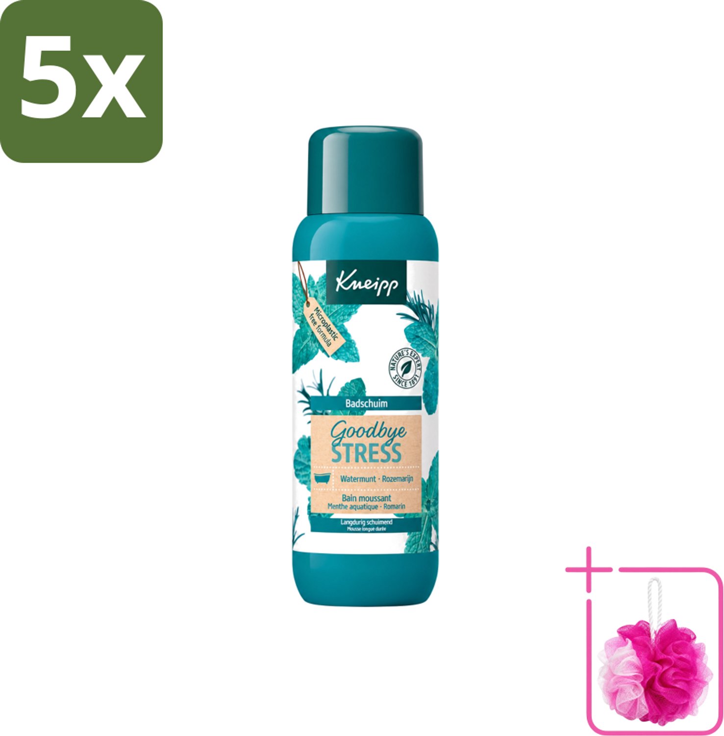 5 x Kneipp - Badschuim - Goodbye Stress - Watermunt & Rozemarijn - 400 ml - Bulkverpakking - Stressvermindering - Douchemop - Badschuim