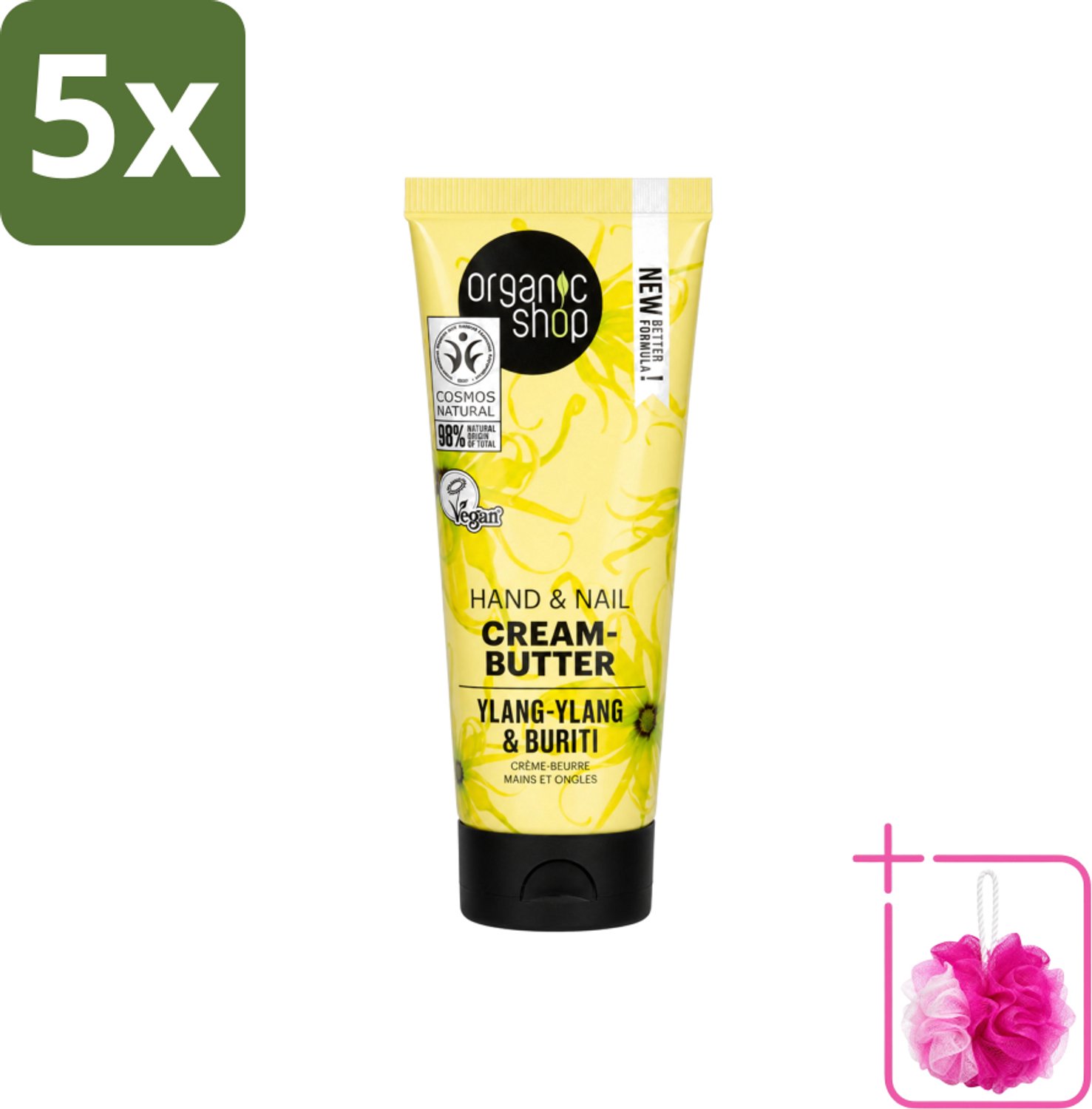 5 x Organic Shop - Ylang-Ylang & Buriti Hand & Nail Cream - Verzachtend en Herstellend - 75 ml - Bulkverpakking - Handcrème - Douchemop - Nagelcrème