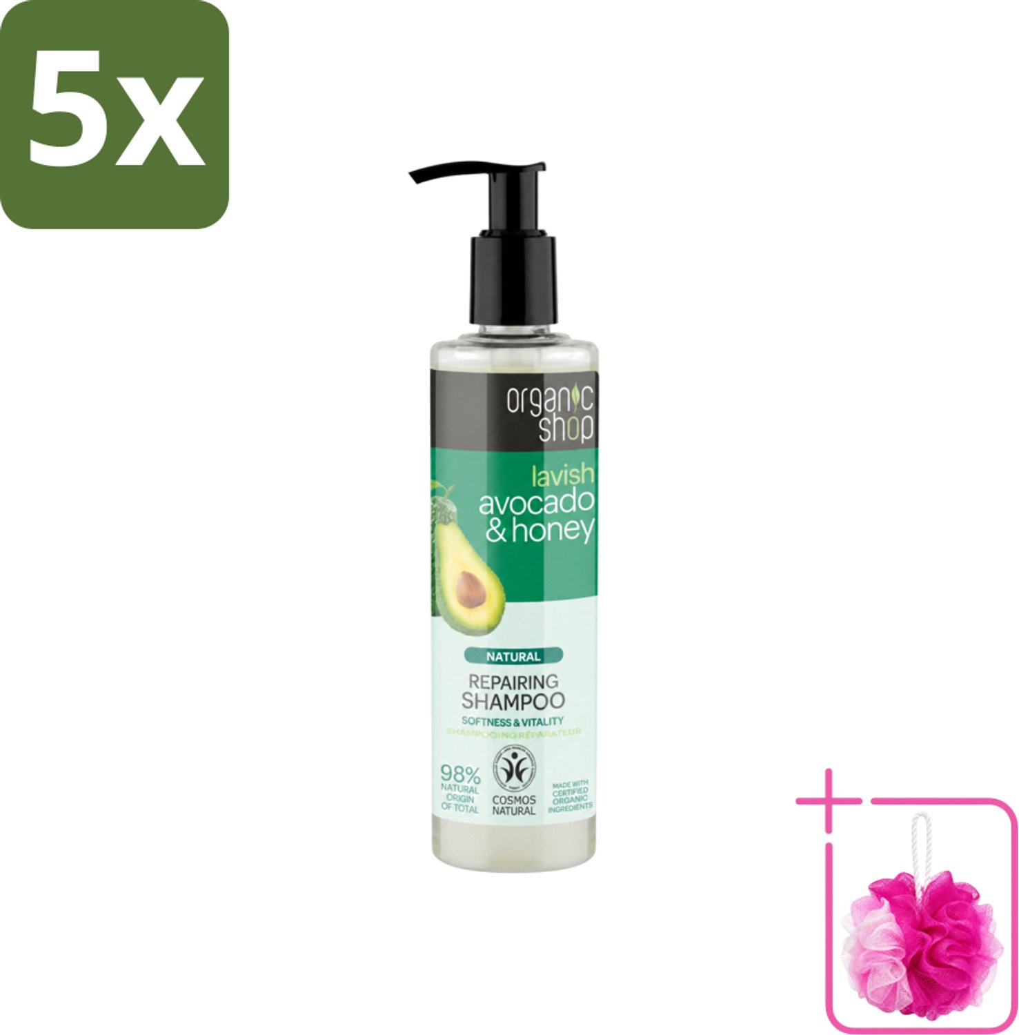 5 x Organic Shop - Natural Repairing Shampoo - Avocado & Honey - Hydraterend en Herstellend - 280 ml - Bulkverpakking - Natuurlijke shampoo - Douchemop - Avocado en honing