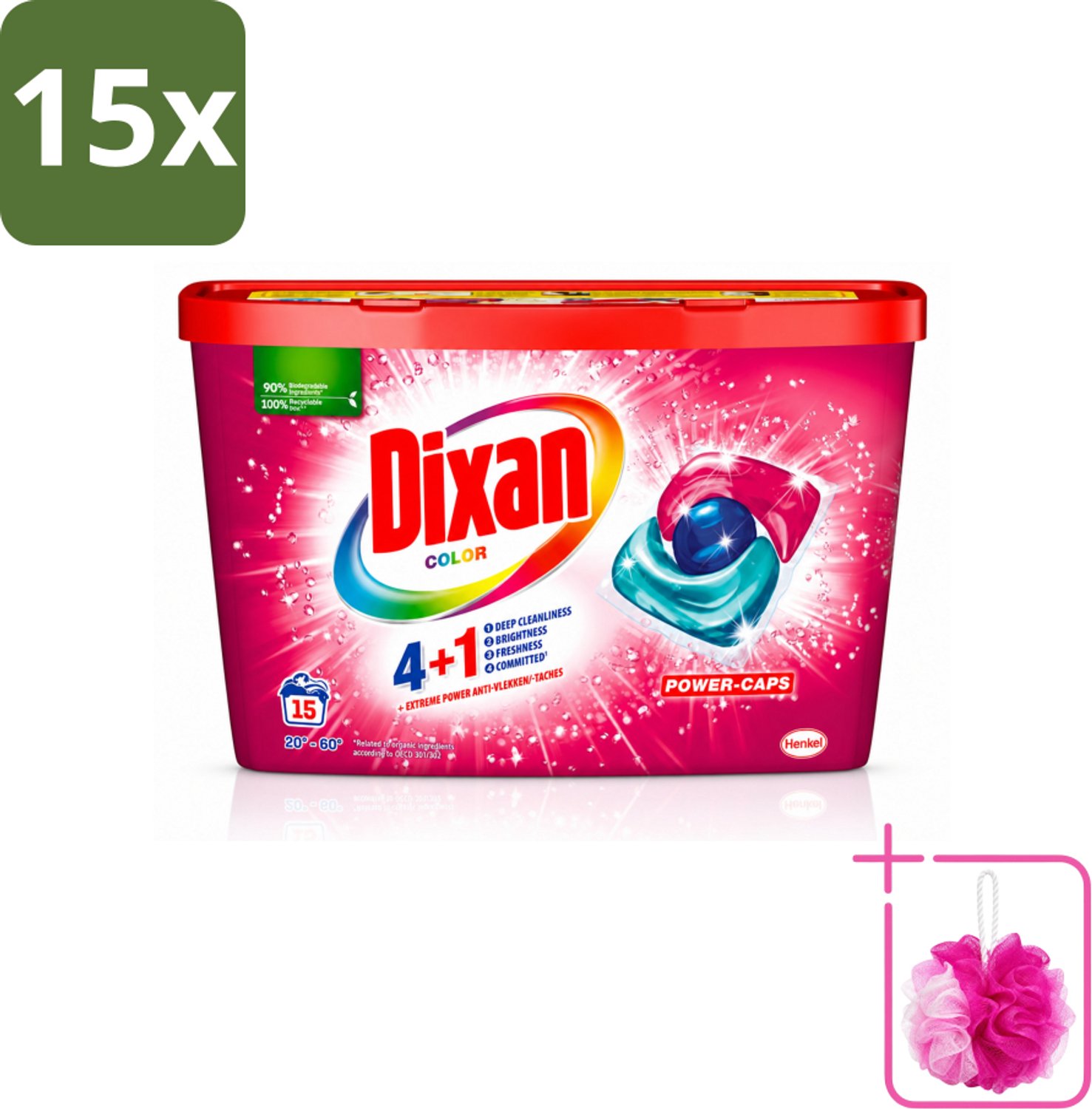 15 x Dixan - Wasmiddelcapsules - Voor gekleurde was - 15 wasbeurten - Bulkverpakking - Wasmiddel voor gekleurde was - Douchemop - Wasmiddelcapsules