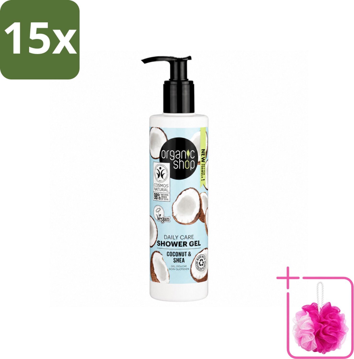 15 x Organic Shop - Daily Care Coconut & Shea Shower Gel - Hydratatie & Verzorging - 280 ml - Bulkverpakking - Douchegel - Douchemop - Natuurlijke douchegel