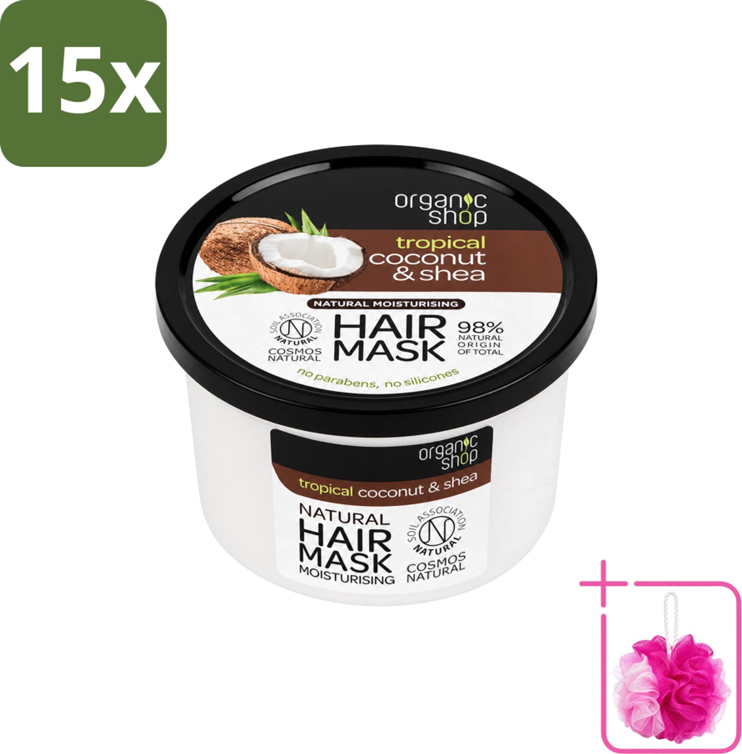 15 x Organic Shop - Haarmasker Coconut & Shea - Verzorgend en Voedend - 250 ml - Bulkverpakking - Haarmasker - Douchemop - Kokosnoot