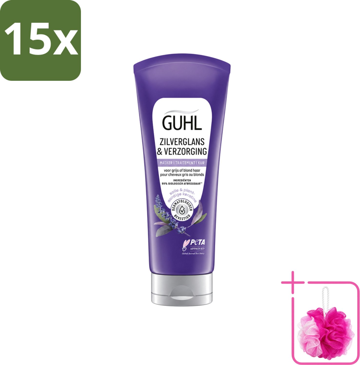 15 x Guhl - Haarmasker - Zilverglans & Verzorging Anti-Geel - 200 ml - Bulkverpakking - Anti-geel haarmasker - Douchemop - Geel gloed neutraliseren