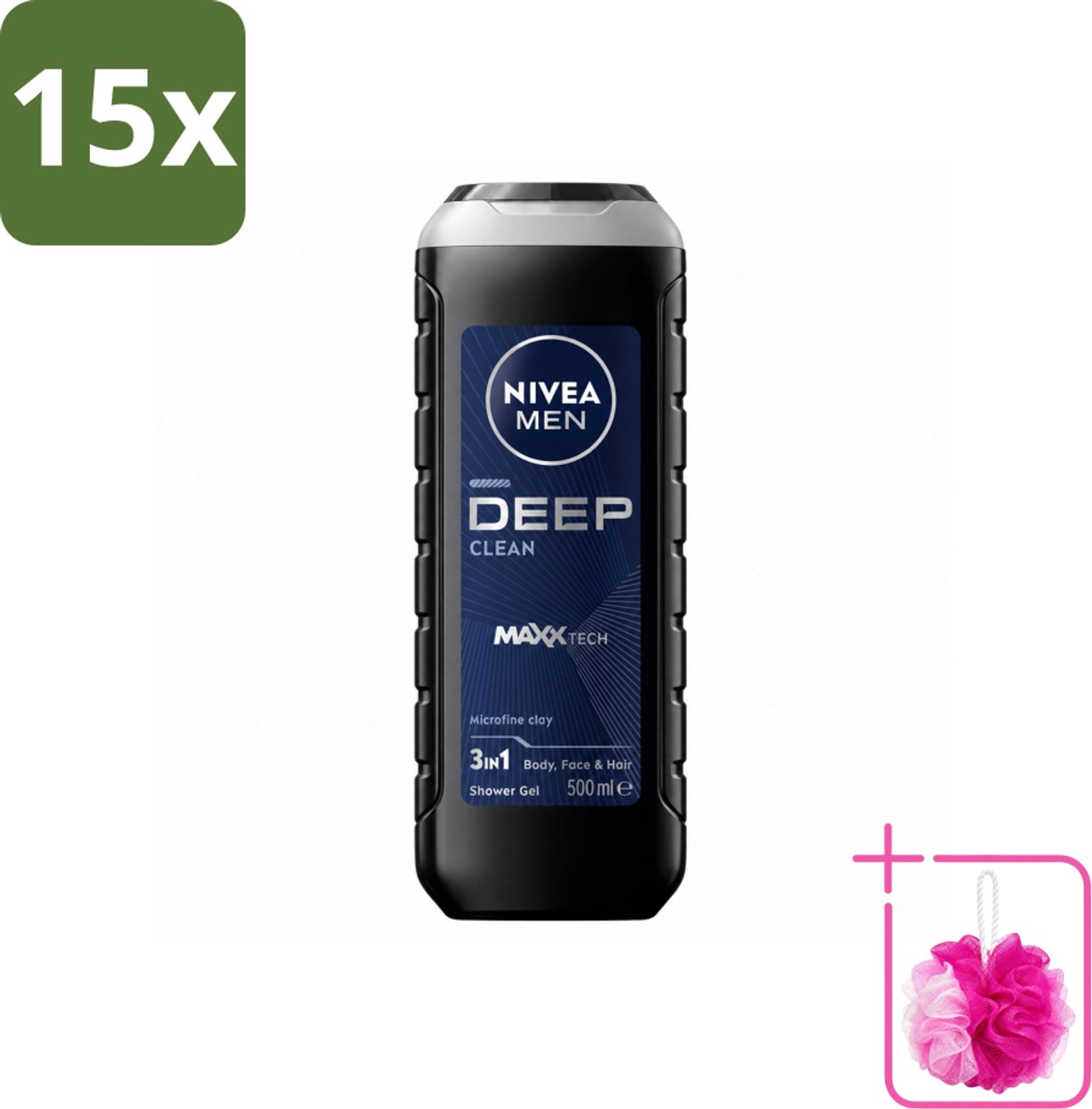 15 x NIVEA MEN - Douchegel - Deep Clean 3-in-1 - 500 ml - Bulkverpakking - Diepe reiniging - Douchemop - Microklei