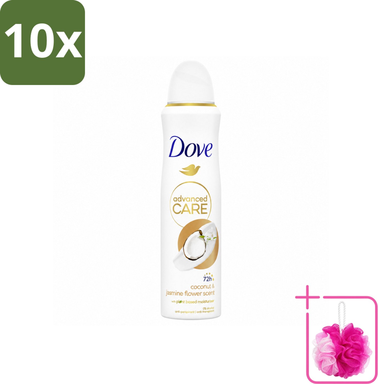 10 x Dove Deodorant Spray - Advanced Care - Kokos & Jasmijnbloem - 150 ml - Bulkverpakking - Dove Deodorant Spray - Douchemop - Kokos en jasmijn