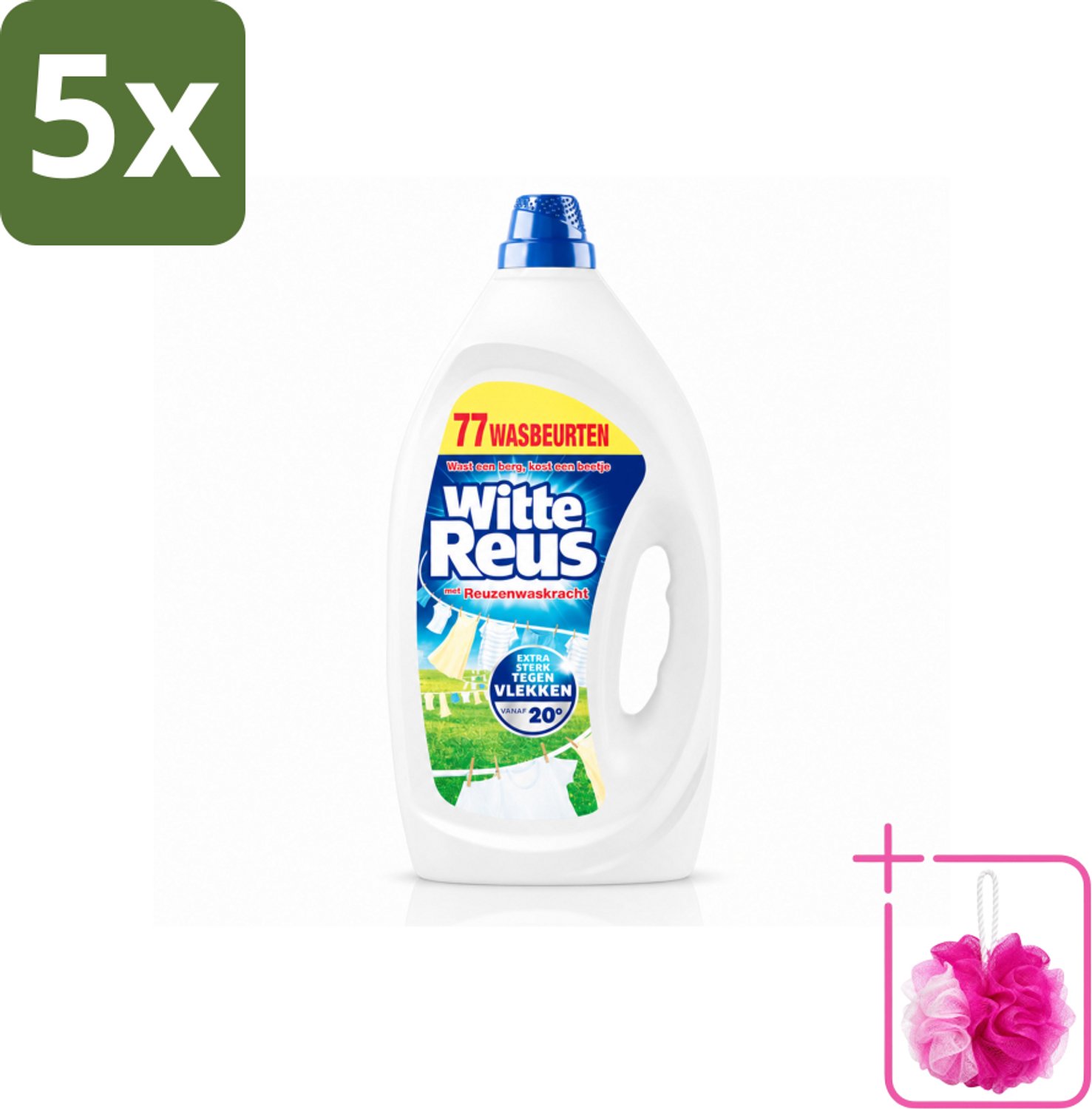 5 x Witte Reus - Vloeibaar Wasmiddel - Witte Was - 77 Wasbeurten - Bulkverpakking - Witte was - Douchemop - Wasmiddel