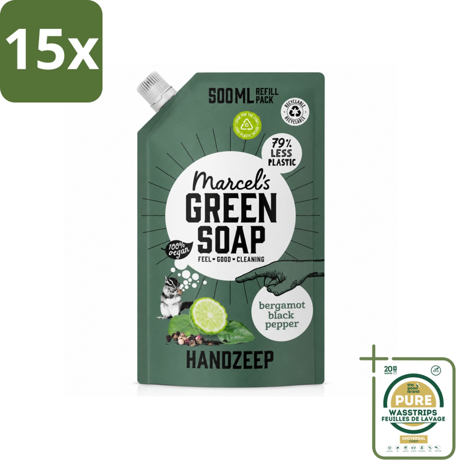 15 x Marcel's Green Soap - Handzeep - Bergamot & Black Pepper - Natuurlijke verzorging - 500 ml - Wasstrips - Handzeep Bergamot En Zwarte Peper - Natuurlijke Handzeep - Biologische Handzeep - Handzeep Navulling - Handzeep Met Geur