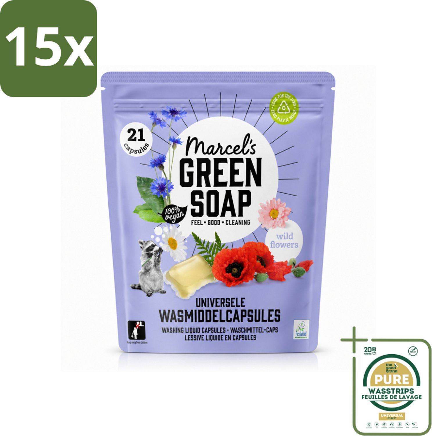 15 x Marcel's Green Soap - Wascapsules - Wilde Bloemen - Gemak in één dosis - 21 Capsules - Wasstrips - Wasmiddel - Wascapsules - Wilde Bloemen - Natuurlijke Geur - Vegan Wasmiddel
