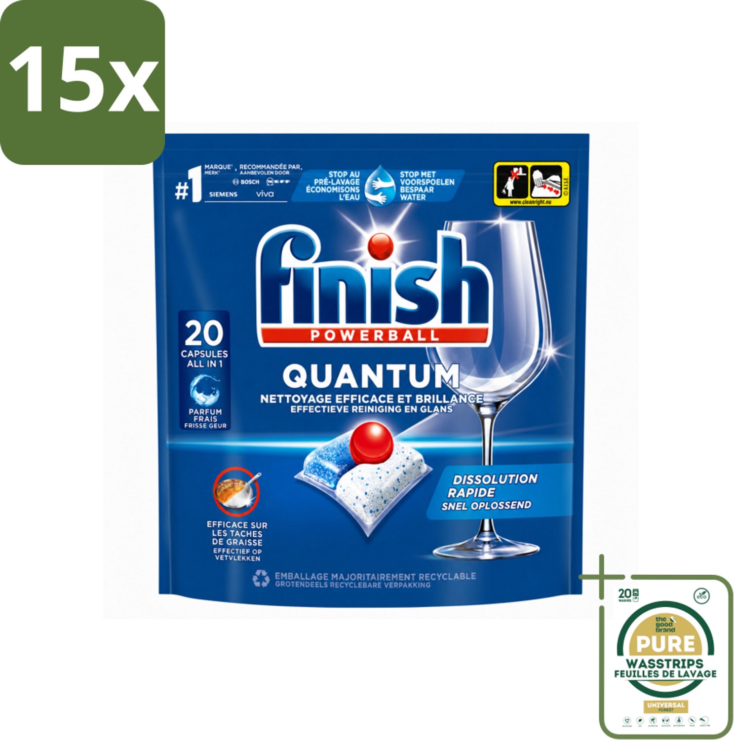 15 x Finish - Vaatwasmiddel - Quantum Vaatwastabletten Regular - Diepe Reiniging - 20 capsules - Wasstrips - Vaatwasmiddel - Vaatwasmiddel Quantum - Vaatwasmiddel Regular - Vaatwasmiddel Diep Reinigen - Vaatwasmiddel Glans