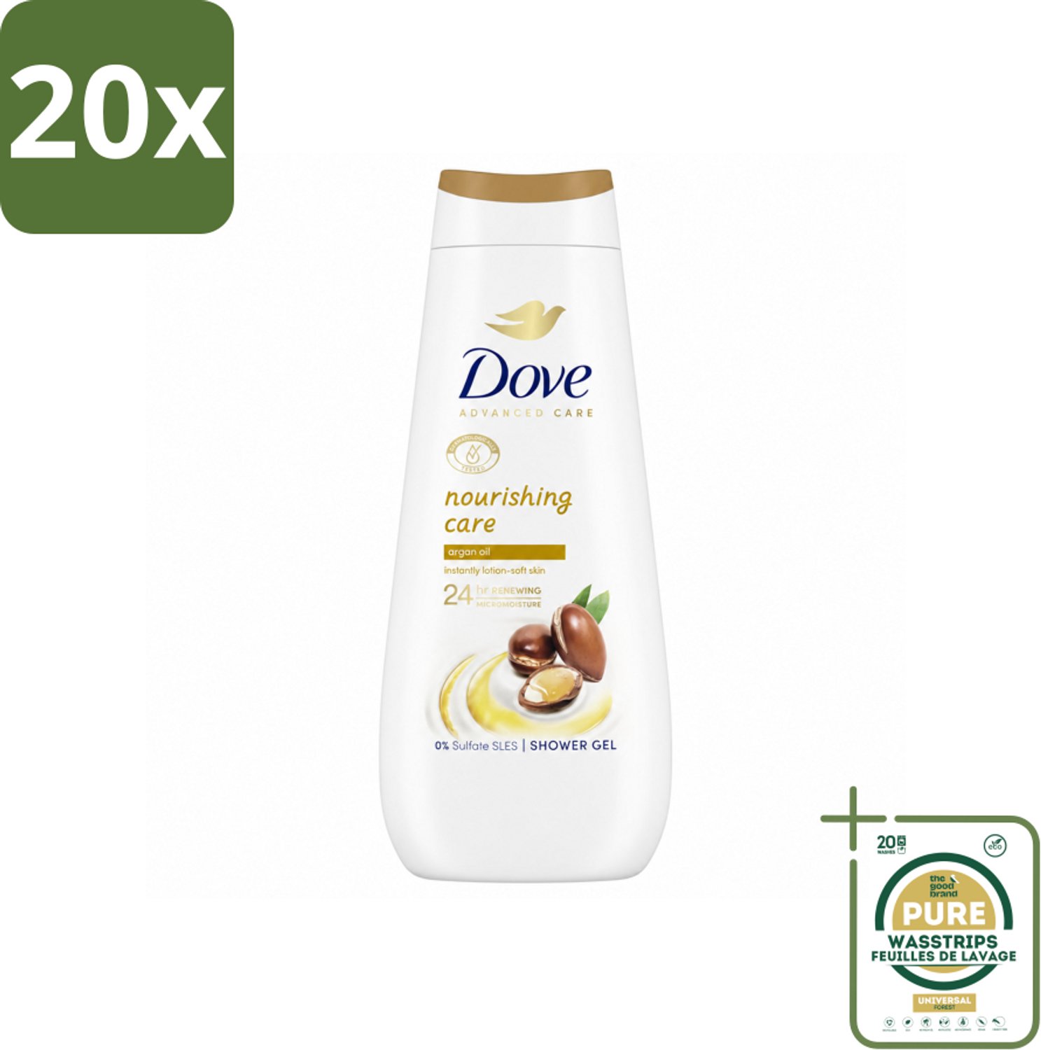 20 x Dove Douchecrème - Nourishing Care - Arganolie - 400 ml - Wasstrips - Douchegel - Hydraterend - Voedend - Droge Huid - Arganolie