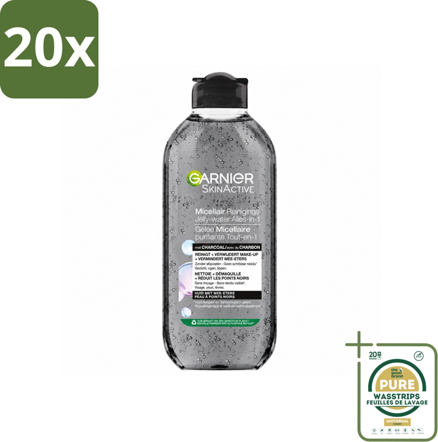 20 x Garnier - SkinActive - Micellair Jelly-water - Alles-in-1 - Charcoal - 400 ml - Wasstrips - Huid Reinigen - Make-up Verwijderen - Houtskool - Salicylzuur - Micellair Water