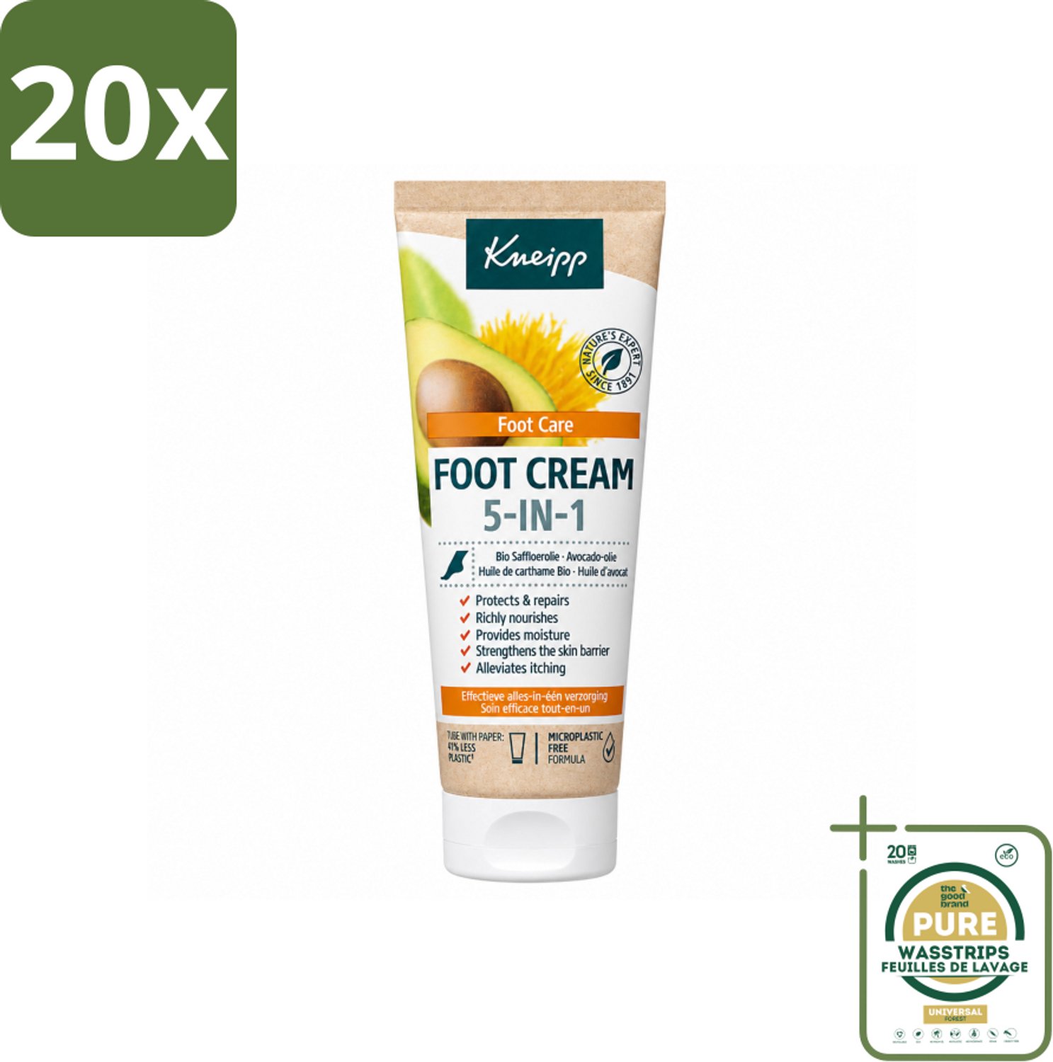 20 x Kneipp - Voetcrème 5‑in‑1 - Verlicht jeuk, hydrateert & herstelt - 75 ml - Wasstrips - Voetcrème - Voetverzorging - Voeten Hydrateren - Jeuk Verlichten - Voeten Herstellen