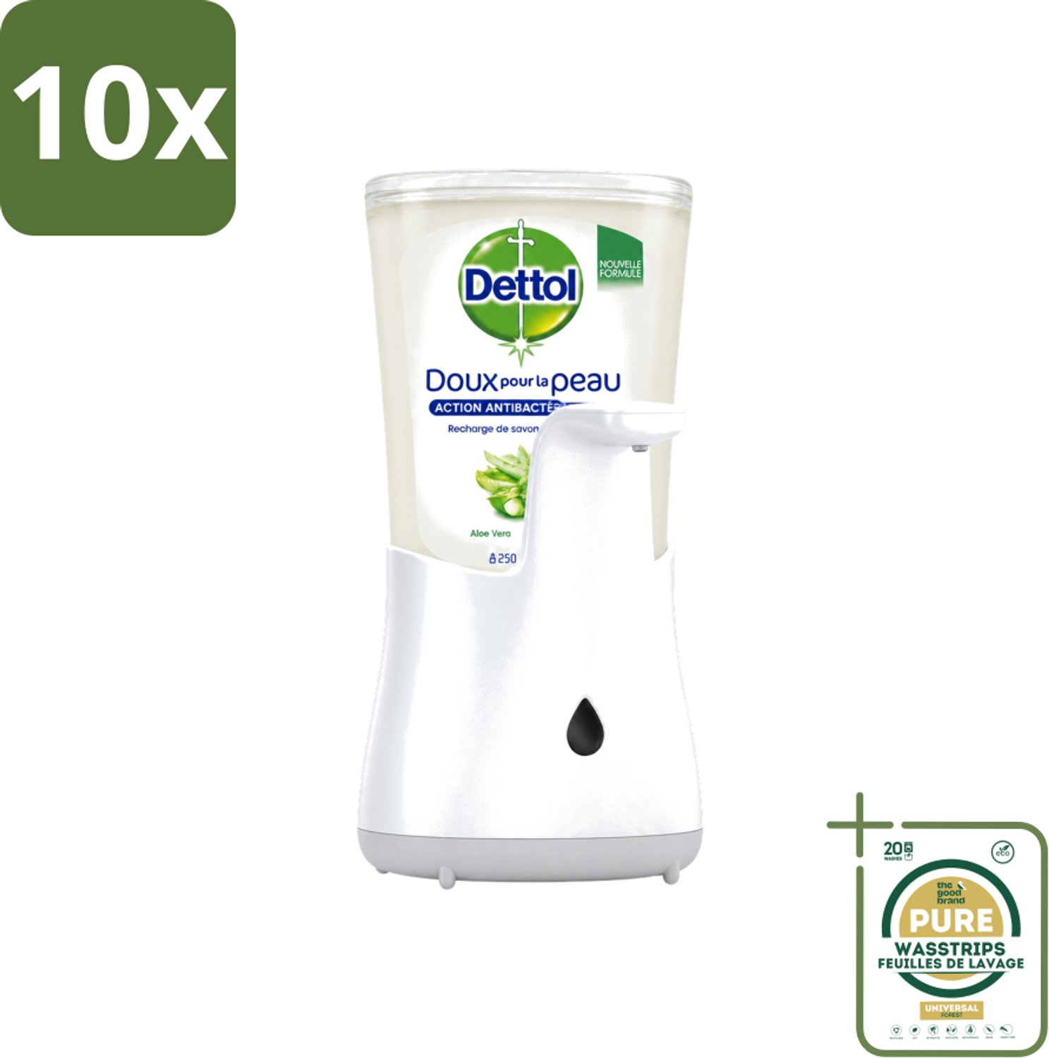 10 x Dettol - Automatische Zeepdispenser - No-Touch Zilver met Aloe Vera - 250 ml - Wasstrips - Automatische Zeepdispenser - Contactloze Zeepdispenser - Hygiëne Handen Wassen - Zeepdispenser No-touch - Zeepdispenser Zilver