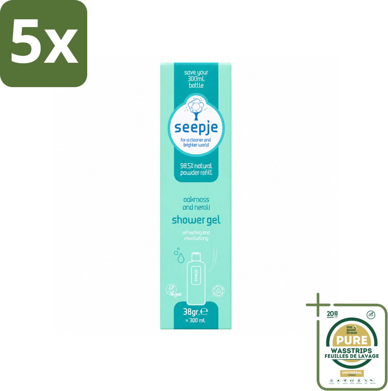 5 x Seepje - Douchegel - Duurzaam & Handig - Eikenmos en Neroli - Navulling - 38 gr - Wasstrips - Douchegel Navulling - Duurzaam Douchegel - Eikenmos Douchegel - Neroli Douchegel - Natuurlijke Douchegel