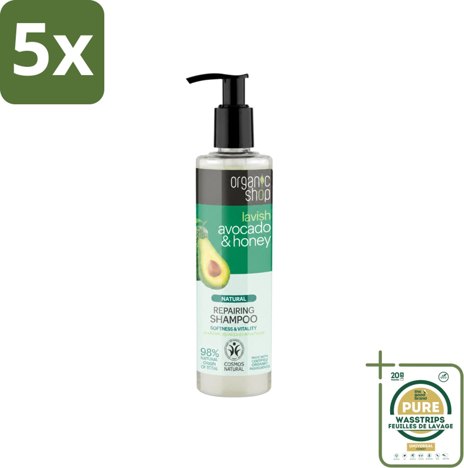 5 x Organic Shop - Natural Repairing Shampoo - Avocado & Honey - Hydraterend en Herstellend - 280 ml - Wasstrips - Avocado En Honing Shampoo - Herstellend Haar - Hydraterend Haar - Beschadigd Haar - Pluis Haar