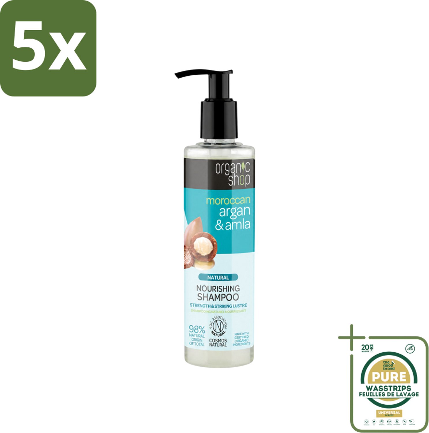 5 x Organic Shop - Natural Nourishing Shampoo - Argan Hair & Amla - Herstellend en Voedend - 280 ml - Wasstrips - Argan Haar Shampoo - Natuurlijke Haar Shampoo - Herstellende Haar Shampoo - Voedend Haar Shampoo - Beschadigd Haar Herstellen