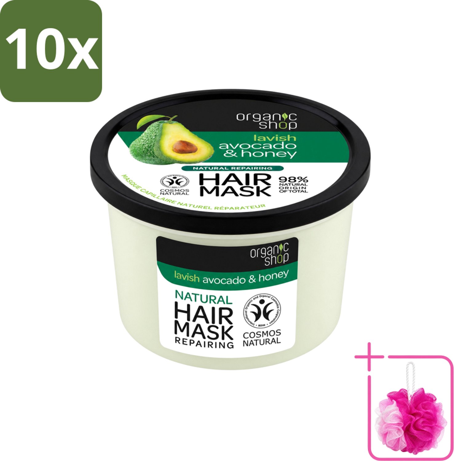 10 x Organic Shop - Haarmasker Avocado & Honey - Hydraterend en Verzachtend - 250 ml - Bulkverpakking - Haarmasker avocado en honing - Douchemop - Natuurlijk haarmasker
