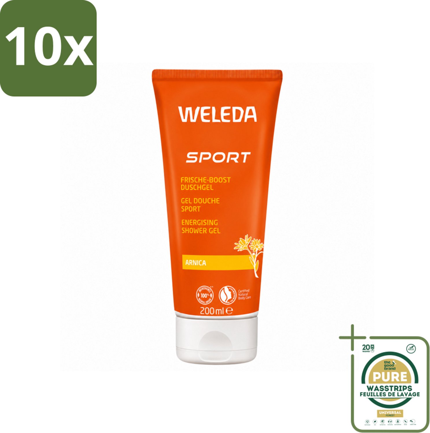 10 x WELEDA - Douchegel Sport - Arnica - 200 ml - Wasstrips - Douchegel Sport - Herstel Na Sporten - Arnica Douchegel - Natuurlijke Douchegel - Verfrissende Douchegel