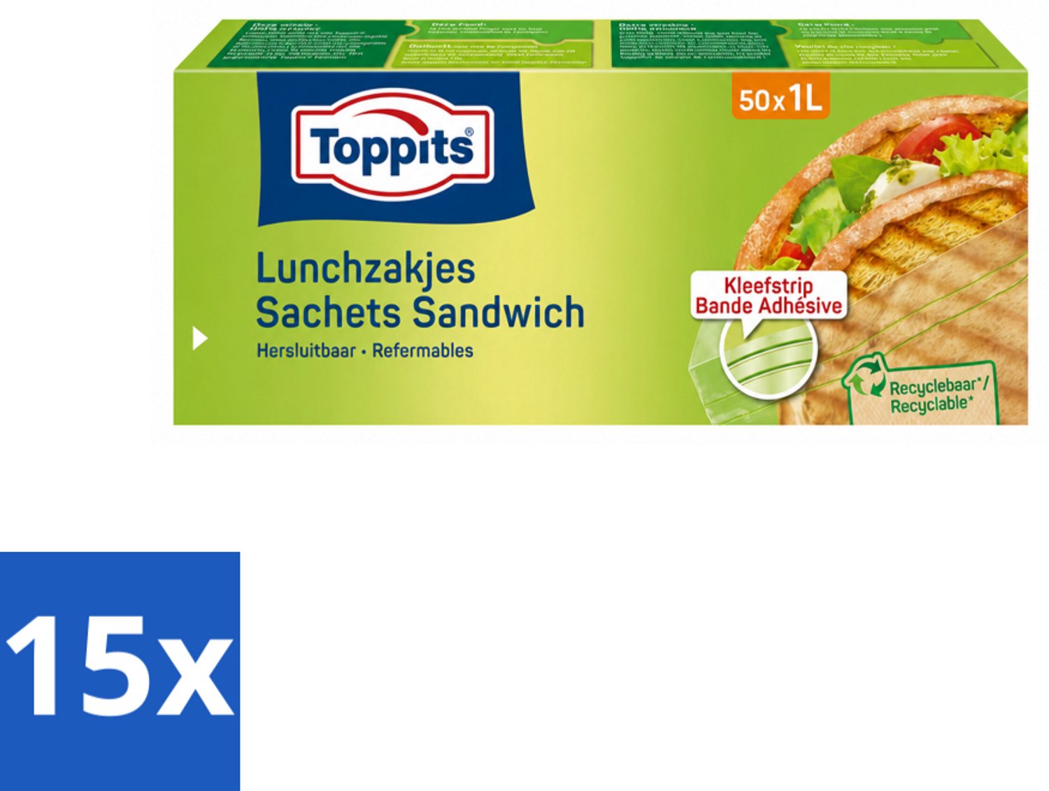 15 x Toppits – Lunchzakjes – Hersluitbaar – 1 Liter – 50 Zakjes - Voordeelverpakking - 15 stuks