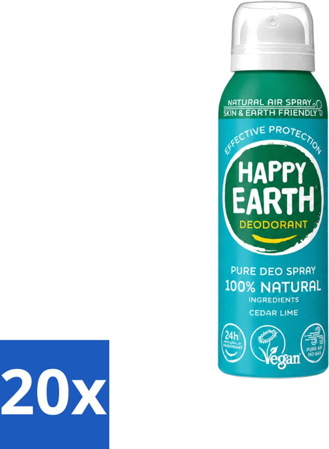20 x Happy Earth – Deodorant Natural Air Spray – 100% Natuurlijk Cedar Lime – 100 ml - Voordeelverpakking - 20 stuks