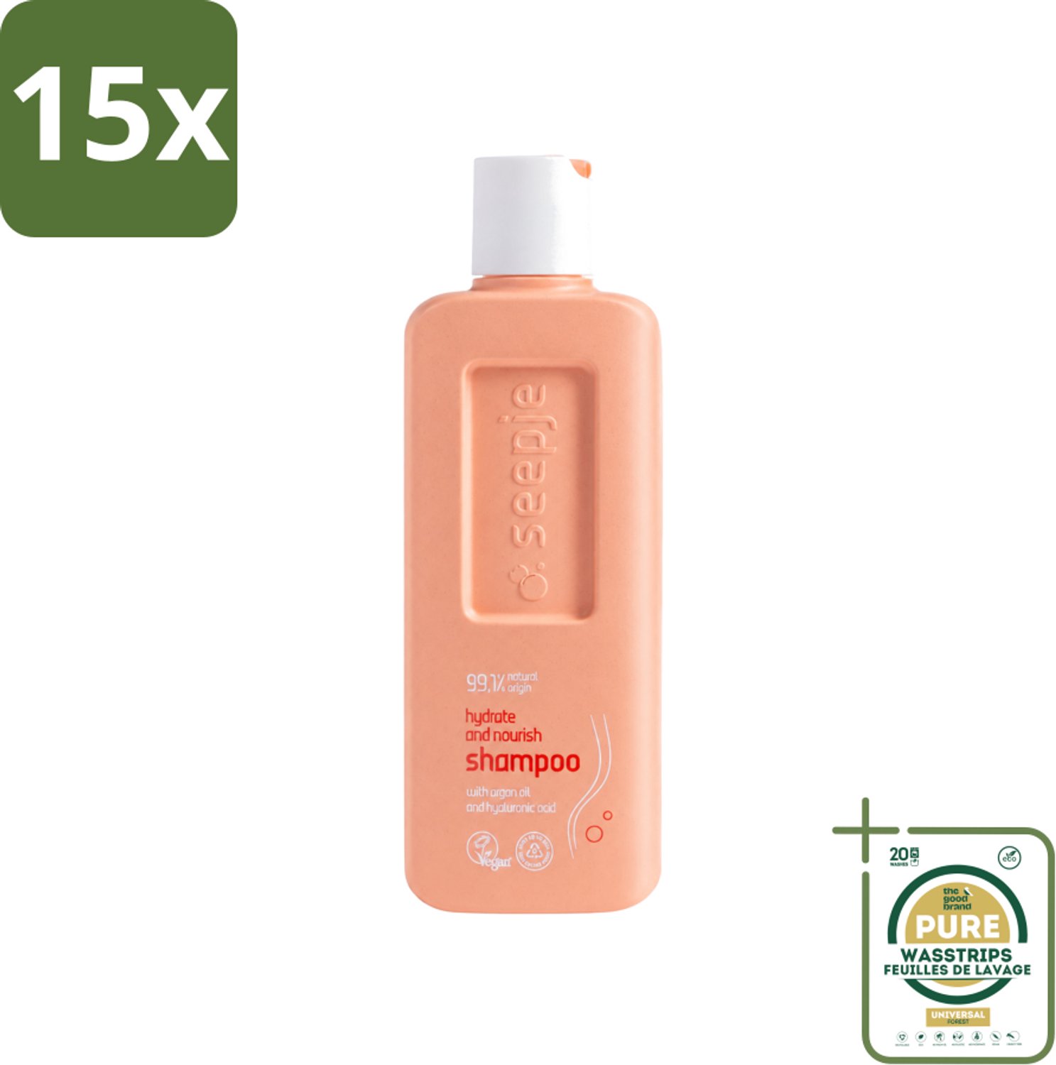 15 x Seepje - Hydrate & Nourish Shampoo - Intense Hydratatie voor Gezond Haar - 300 ml - Wasstrips - Hydratatie Haar - Voedend Shampoo - Droog Haar - Gezond Haar - Natuurlijke Shampoo