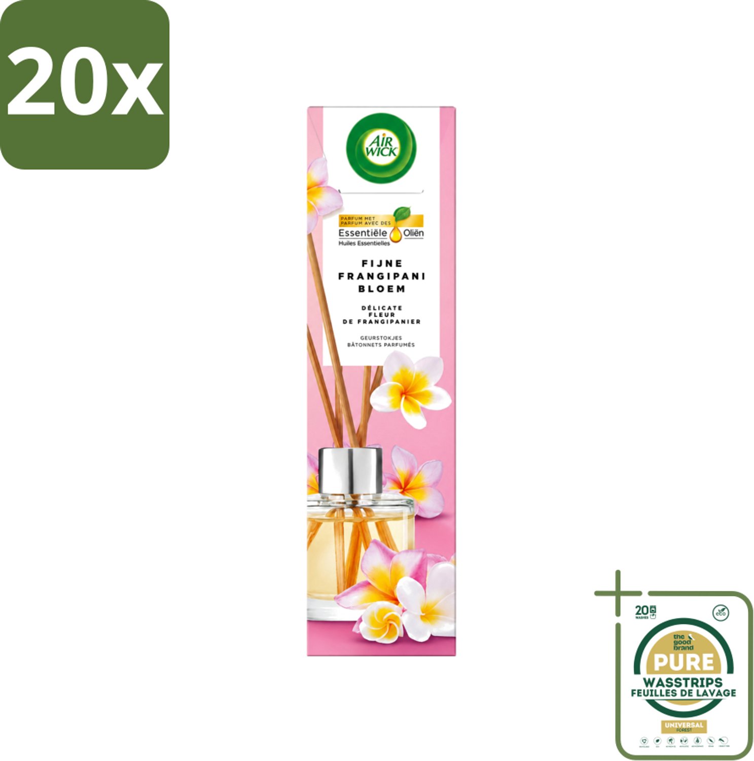 20 x Air Wick - Geurstokjes - Delicate Frangipani Bloemen - Essentiële Oliën - 40 ml - Wasstrips - Geurstokjes - Geurverspreider - Frangipani - Bloemige Geur - Essentiële Oliën