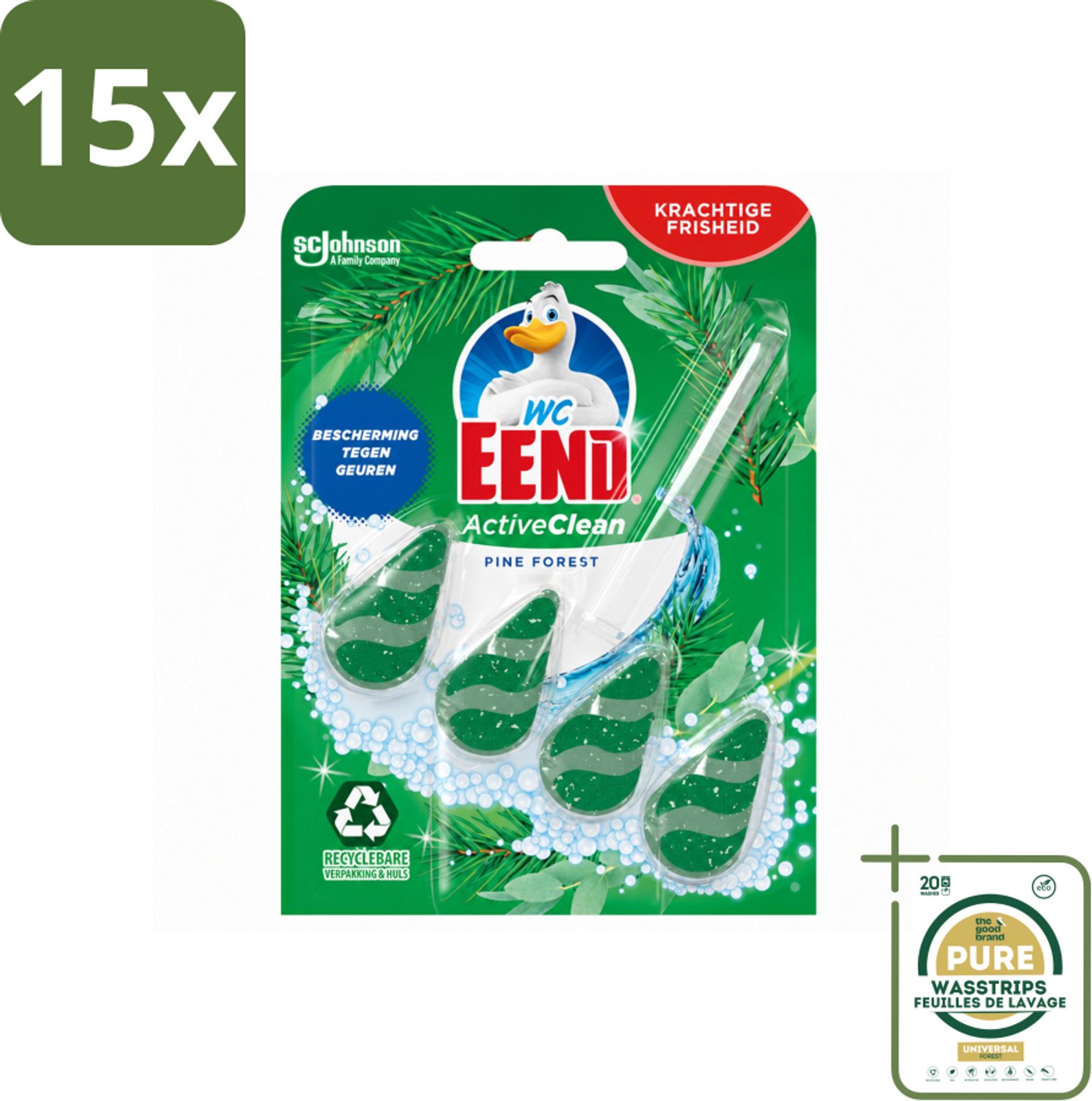 15 x WC Eend - Active Clean Pine Forest - Toiletblok - 1 Toiletblok - Wasstrips - Toiletblok - Reiniging Toilet - Frisse Geur Toilet - Aanslag Voorkomen - Schuim Toilet
